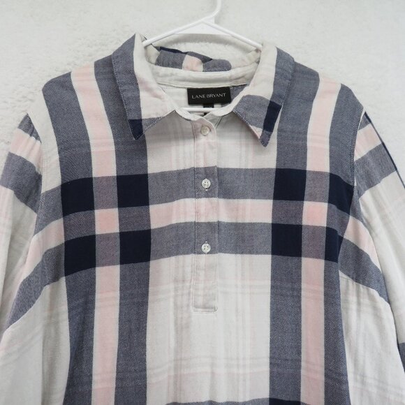 Lane Bryant Shirt Womens 22/24 Plaid Button Polka Dot Trim Roll Tab Sleeve - Picture 2 of 10
